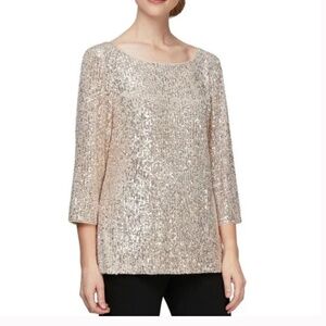 NWT Alex Evenings Sequin 3/4 Sleeve Tunic with Side Slits in Taupe Size XL